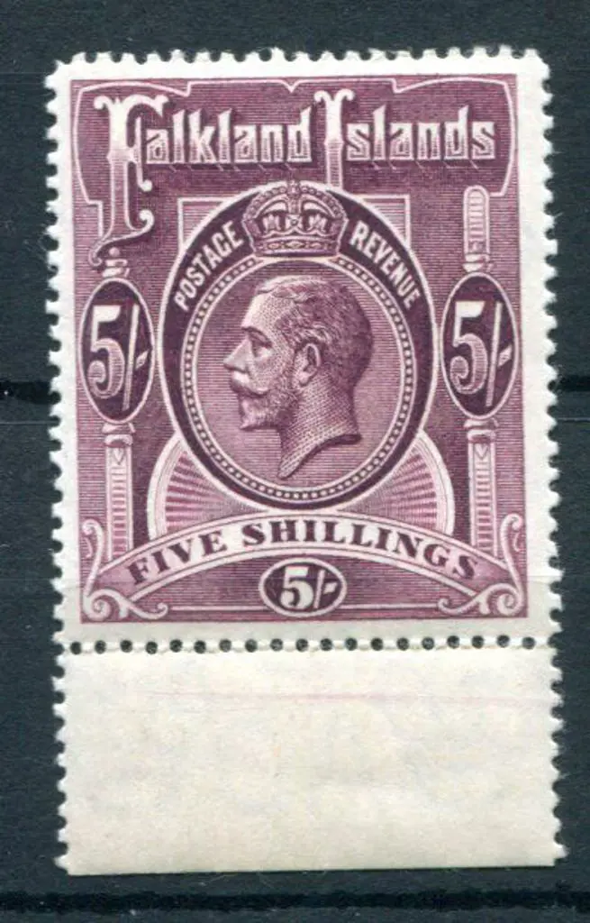 Falkland Islands 1914 5/- reddish maroon KGV. ... Image 1++