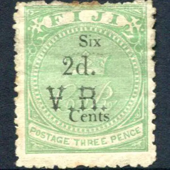 Fiji 1875 "2d." in black on "Six Cents" on 3d ...