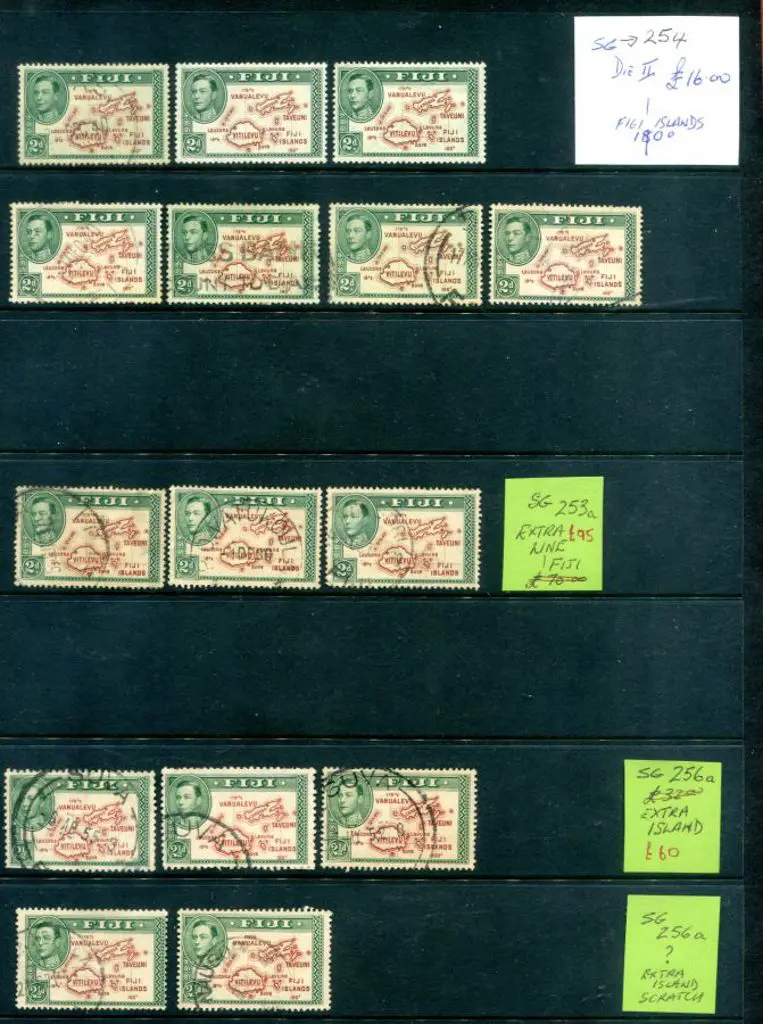 Fiji 1938/55 2d KGVI map Die I used x 3 all with ... Image 1++