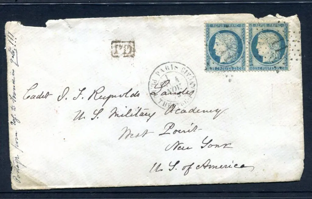 France 1875 cover with 25¢ Ceres pair tied by star ... Image 1++