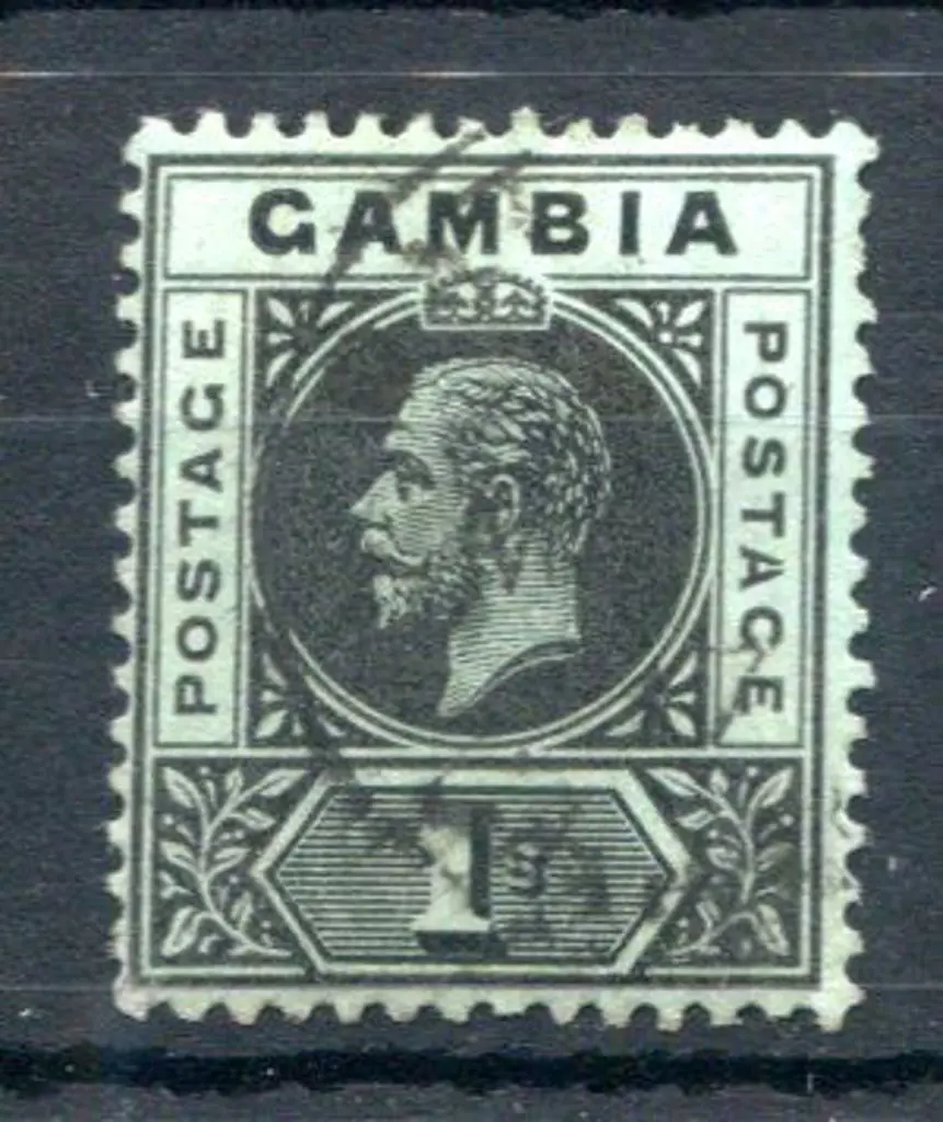 Gambia 1912 1/- black on green KGV with "split at ... Image 1++