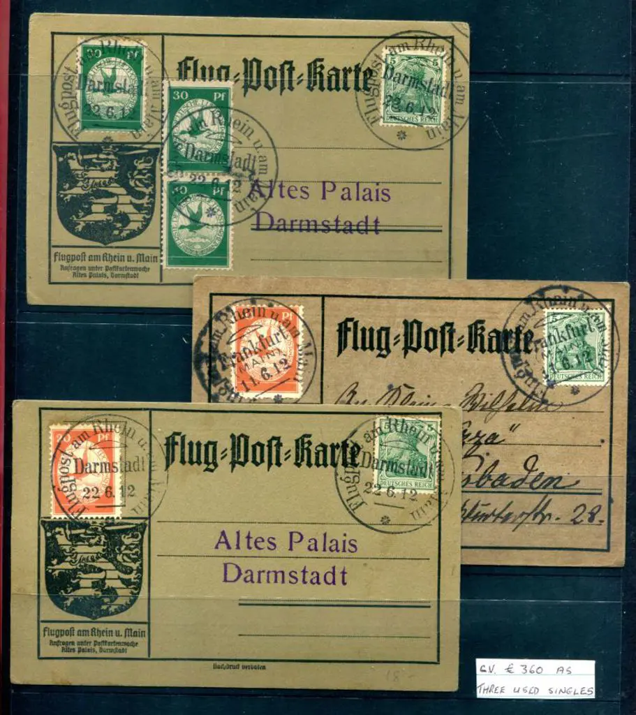 Germany 1912 Rhein am Main Airmail cards franked ... Image 1++
