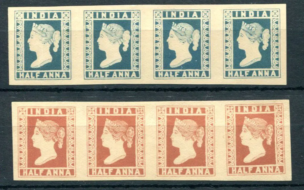 India 1854 ½a blue & 1a red imperf Specimen strips ... Image 1++