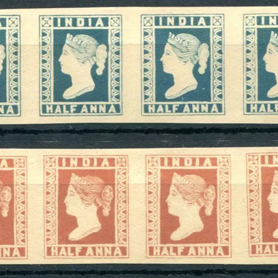 India 1854 ½a blue & 1a red imperf Specimen strips ...