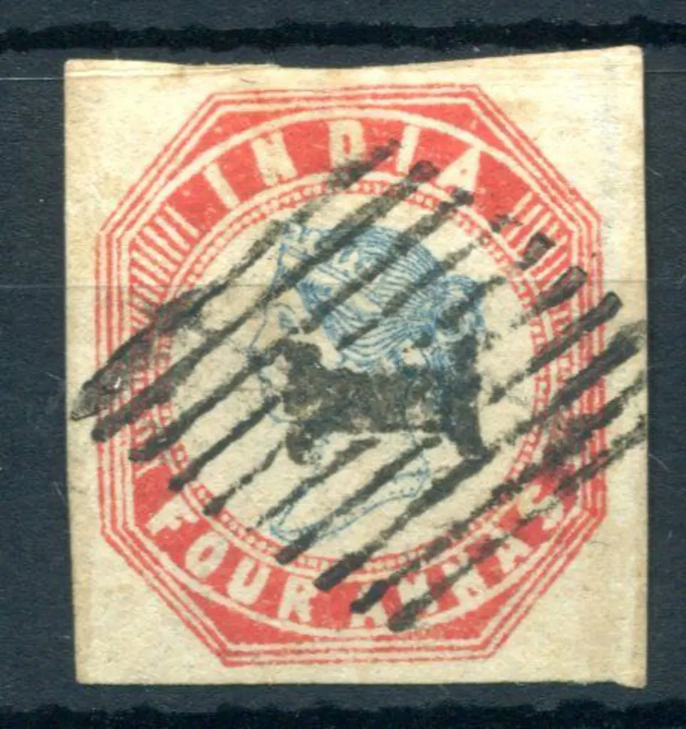 India 1854 4a deep blue & red imperf. Cut square ... Image 1++