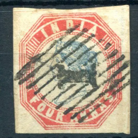 India 1854 4a deep blue & red imperf. Cut square ...