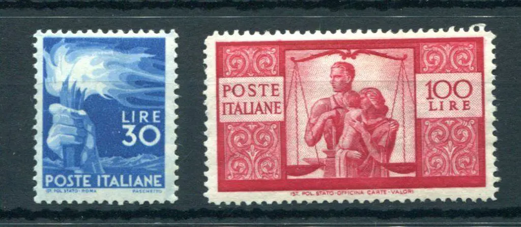 Italy 1945 30l blue Torch & 100l red Justice, both ... Image 1++