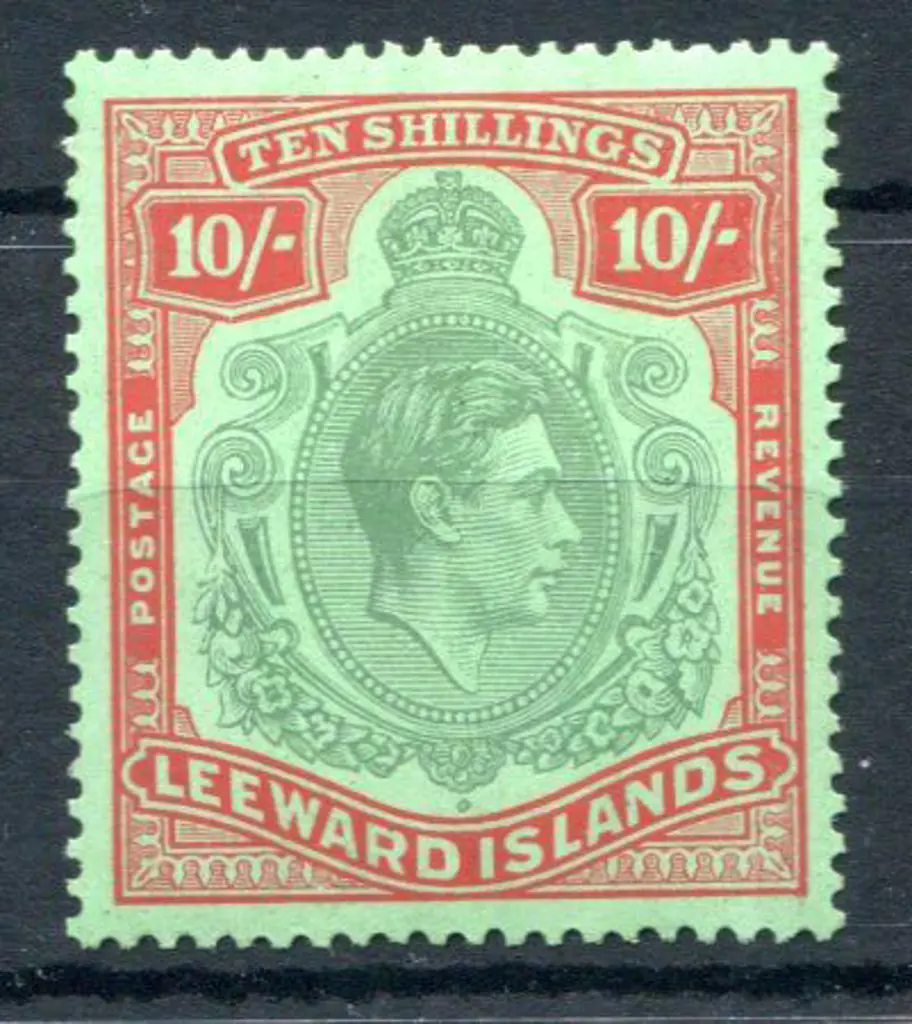 Leeward Island 1938 10/- bluish green & deep red ... Image 1++