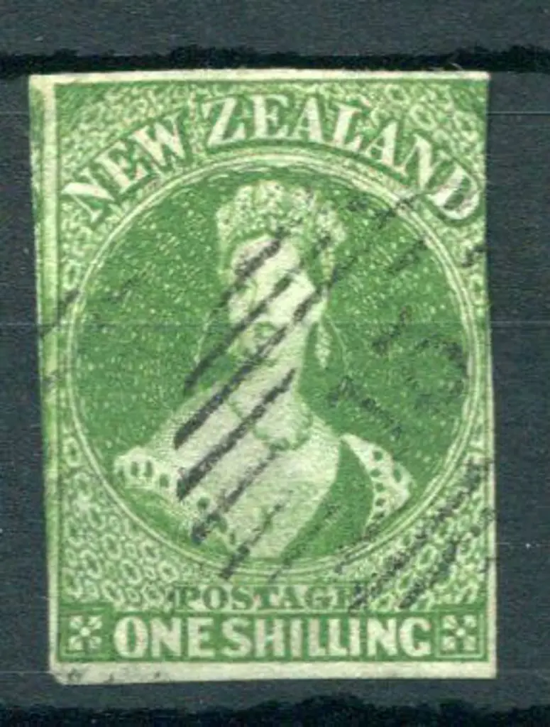 New Zealand 1855/58 1/- green without wmk on blue ... Image 1++