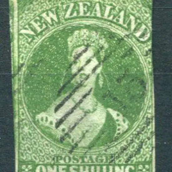 New Zealand 1855/58 1/- green without wmk on blue ...