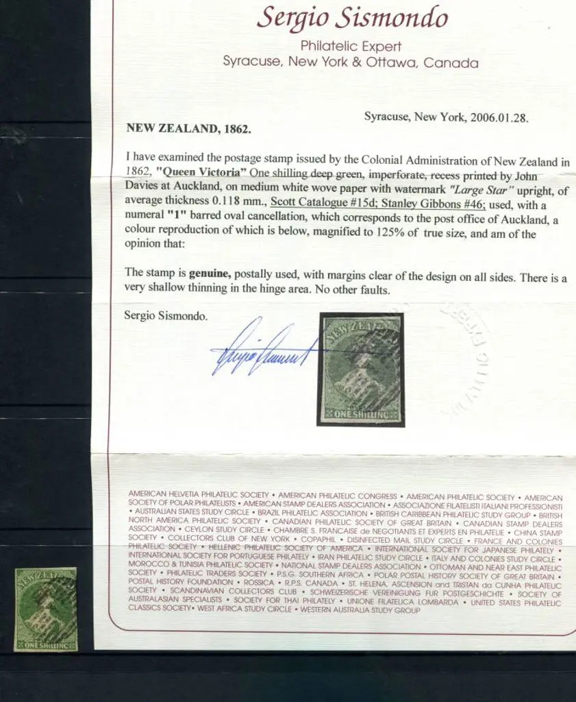 New Zealand 1862/64 1/- deep green used with BN ... Image 1++