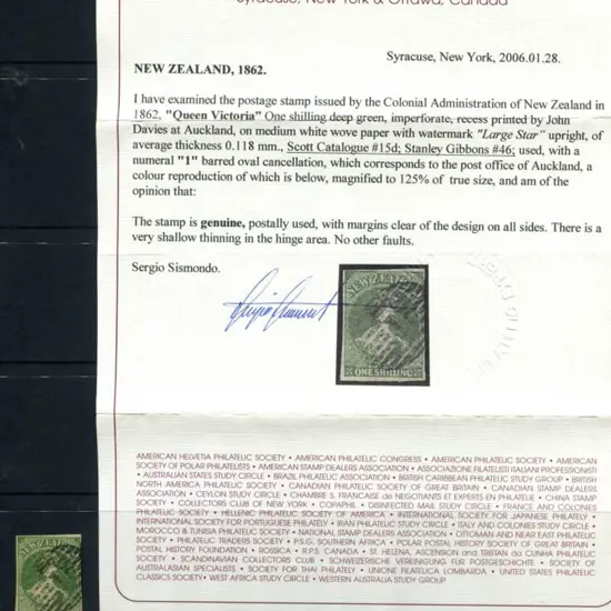 New Zealand 1862/64 1/- deep green used with BN ...