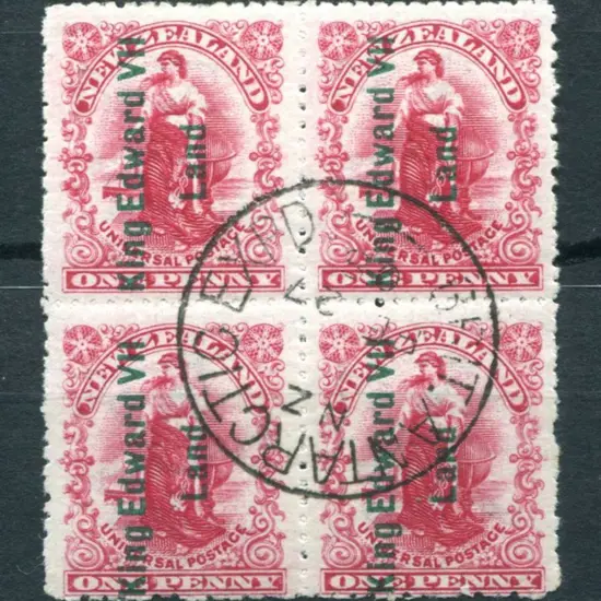 New Zealand 1908 1d Universal block of 4 with " ...