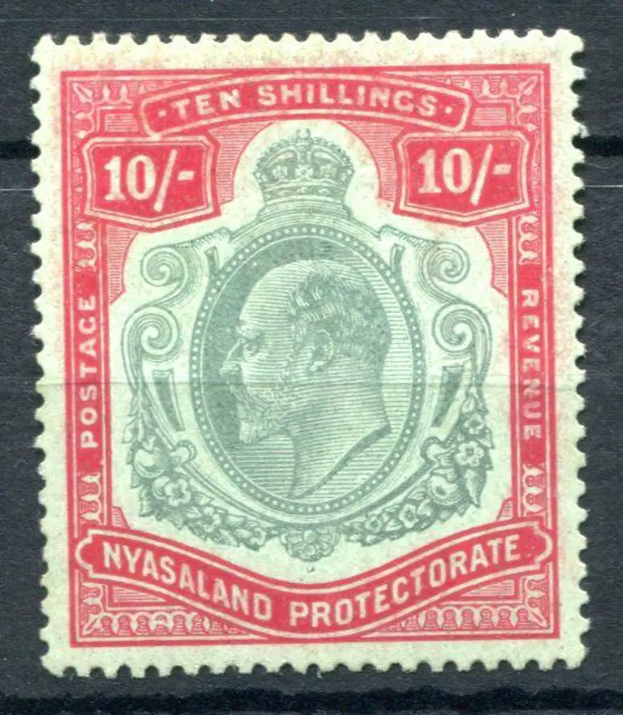 Nyasaland 1908/11 10/- green & red on green KEVII. ... Image 1++