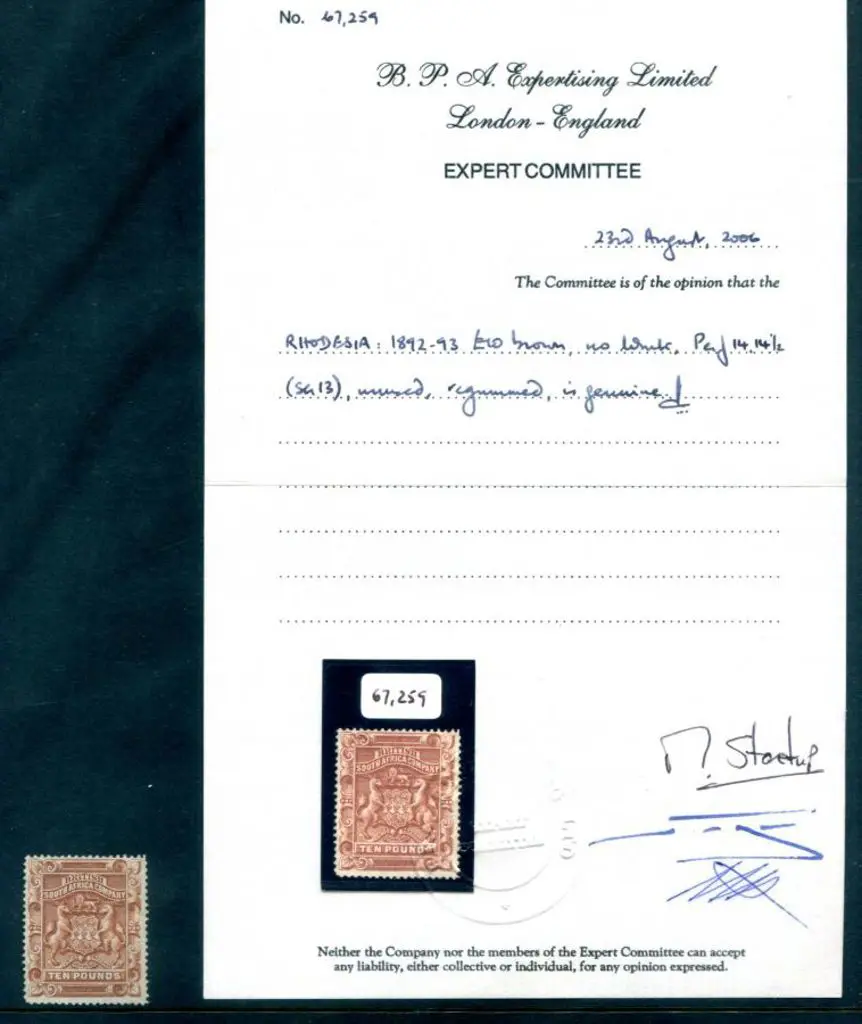Rhodesia 1892/93 £10 brown. MLH with BPA Cert. ... Image 1++