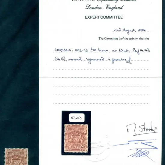Rhodesia 1892/93 £10 brown. MLH with BPA Cert. ...
