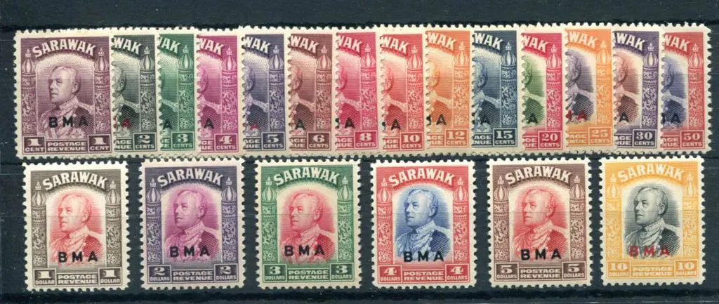 Sarawak 1945 1c to $10 "BMA" ovpts complete set of ... Image 1++