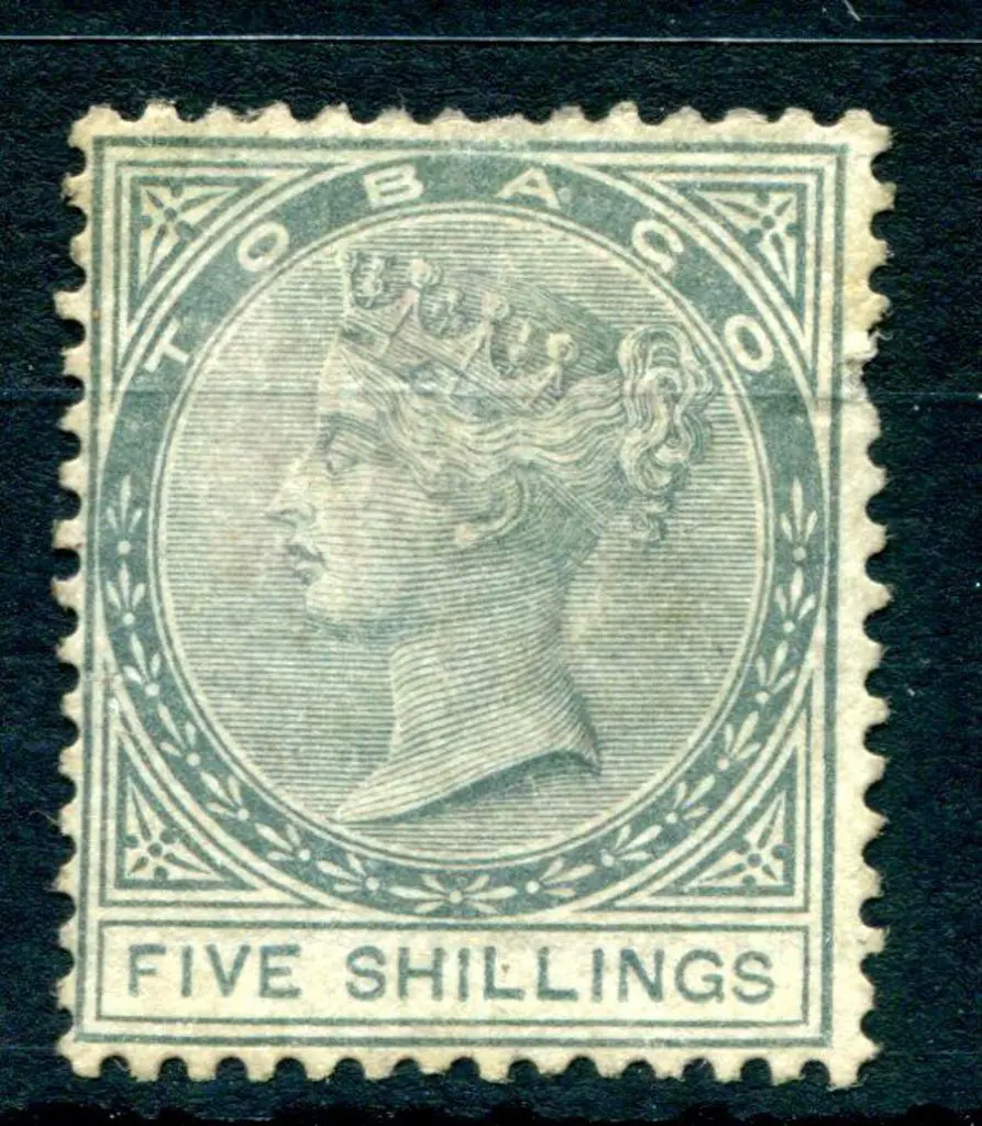 Tobago 1879 5/- slate QV. MH with pulled perf at ... Image 1++