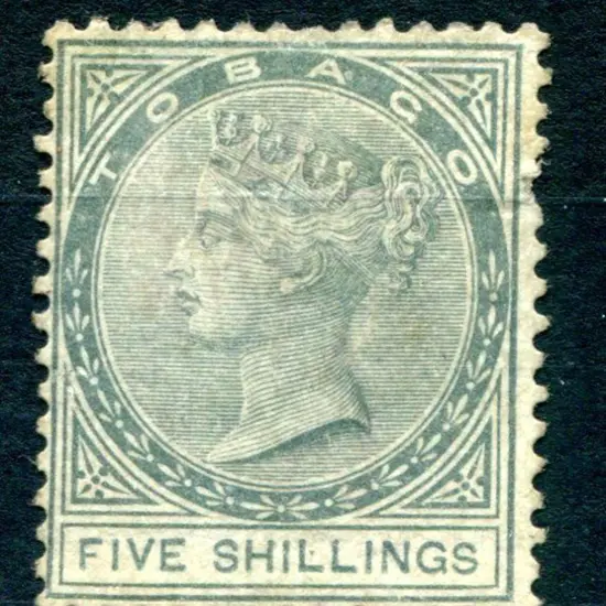Tobago 1879 5/- slate QV. MH with pulled perf at ...