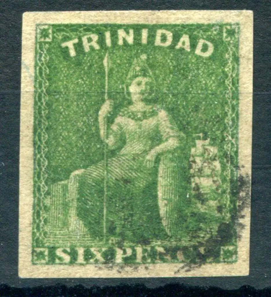 Trinidad 1859 6d deep green imperf with 4 huge ... Image 1++