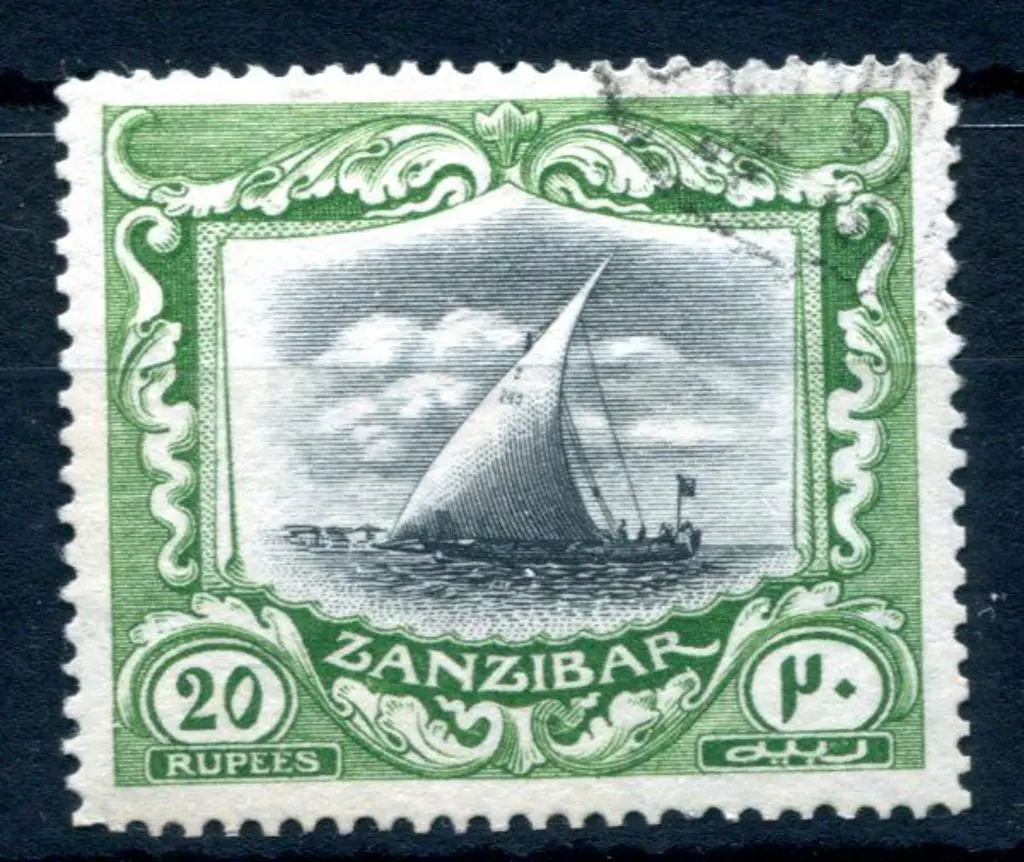 Zanzibar 1908/09 20r black & yellow green Dhow. ... Image 1++