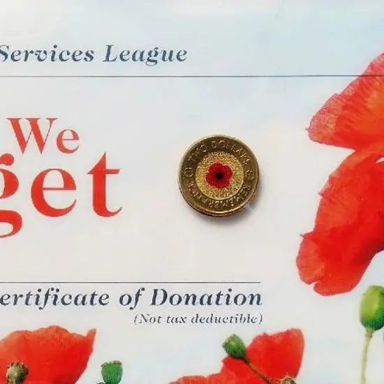 2012 $2 Red Poppy coloured coin on RSL "Lest We ...