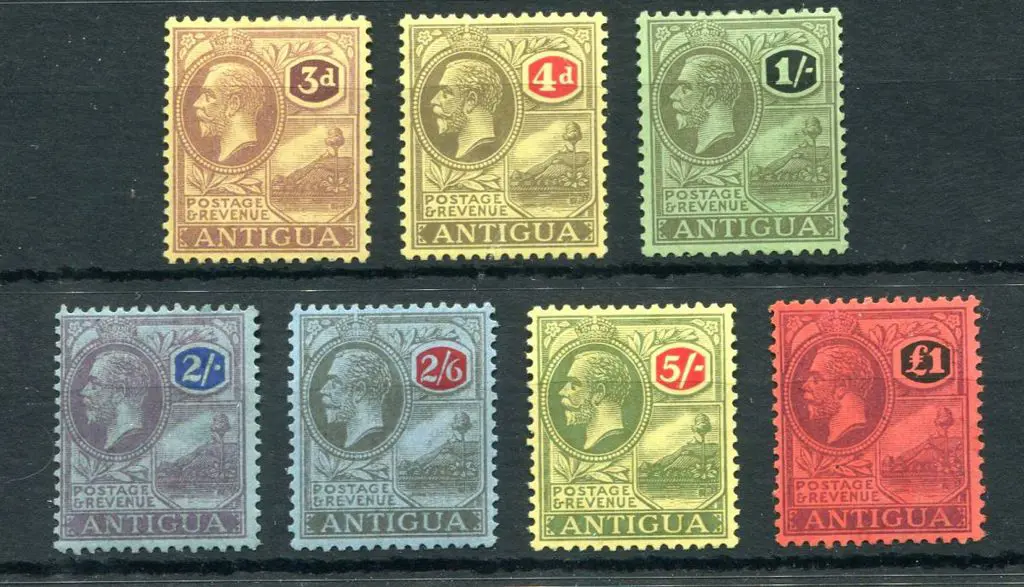 Antigua 1921/29 3d to £1 KGV MCA wmk set of 7 . ... Image 1++