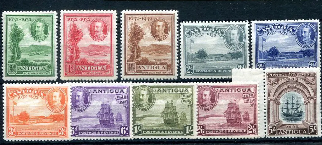 Antigua 1932 Tercentenary set of 10. MLH, the 5/- ... Image 1++