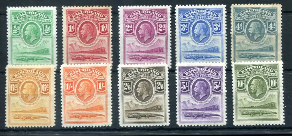 Basutoland 1933 KGV set to 10/-. MLH, 1d & 6d aged ... Image 1++