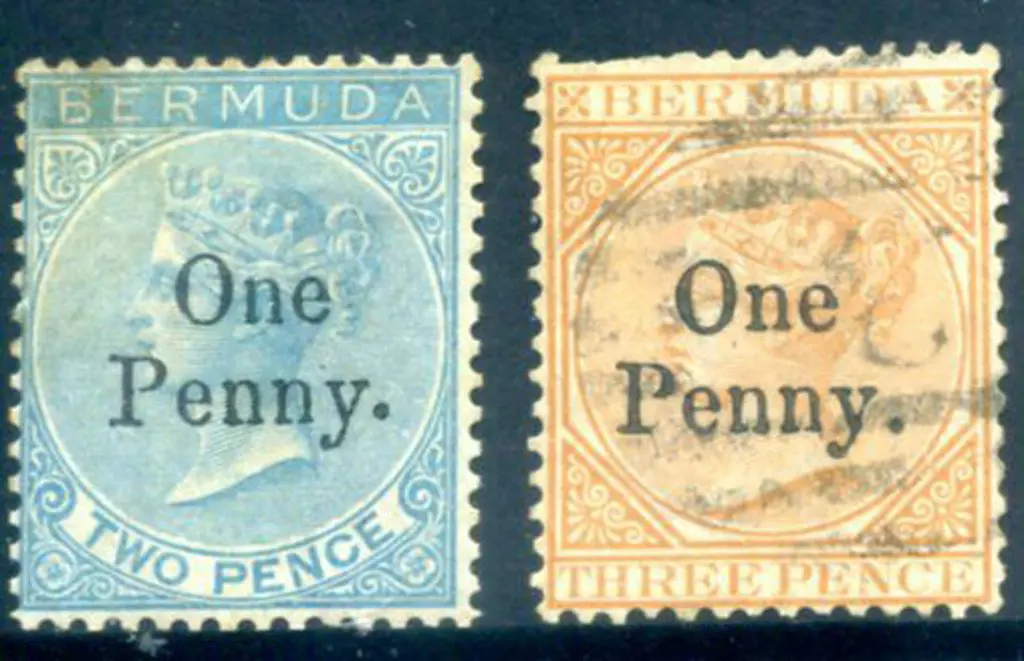 Bermuda 1875 "One Penny." surcharges on 2d blue. ... Image 1++