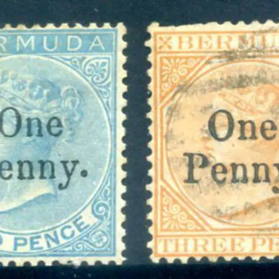 Bermuda 1875 "One Penny." surcharges on 2d blue. ...