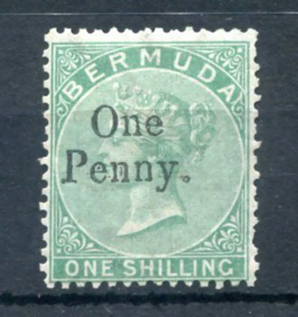 Bermuda 1875 "One Penny." on 1/- green (SG 8). ... Image 1++