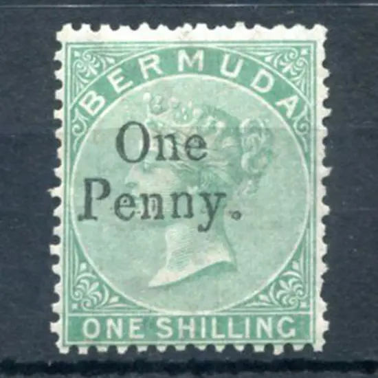 Bermuda 1875 "One Penny." on 1/- green (SG 8). ...