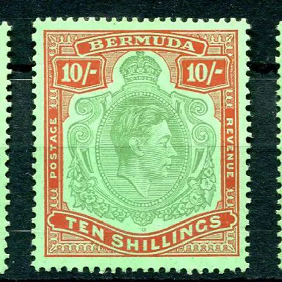 Bermuda 1938/53 10/- bluish-green & deep red on ...
