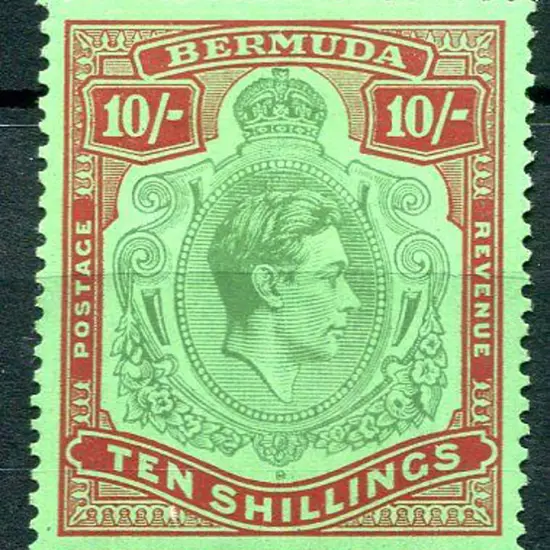 Bermuda 1938/53 10/- green & deep lake on pale ...