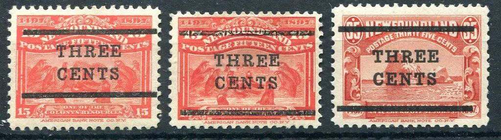 Canada-Newfoundland 1920 "THREE CENTS" surcharges ... Image 1++