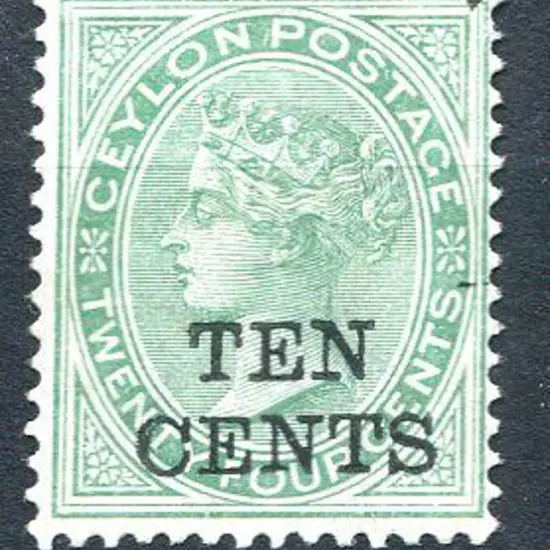 Ceylon 1885 "TEN CENTS" on 24¢ green. MLH/MH. SG ...