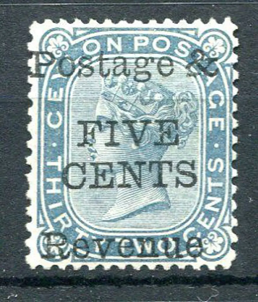 Ceylon 1885 "FIVE CENTS" on 32¢ slate Postage & ... Image 1++