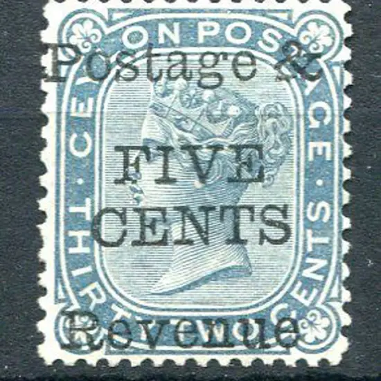 Ceylon 1885 "FIVE CENTS" on 32¢ slate Postage & ...