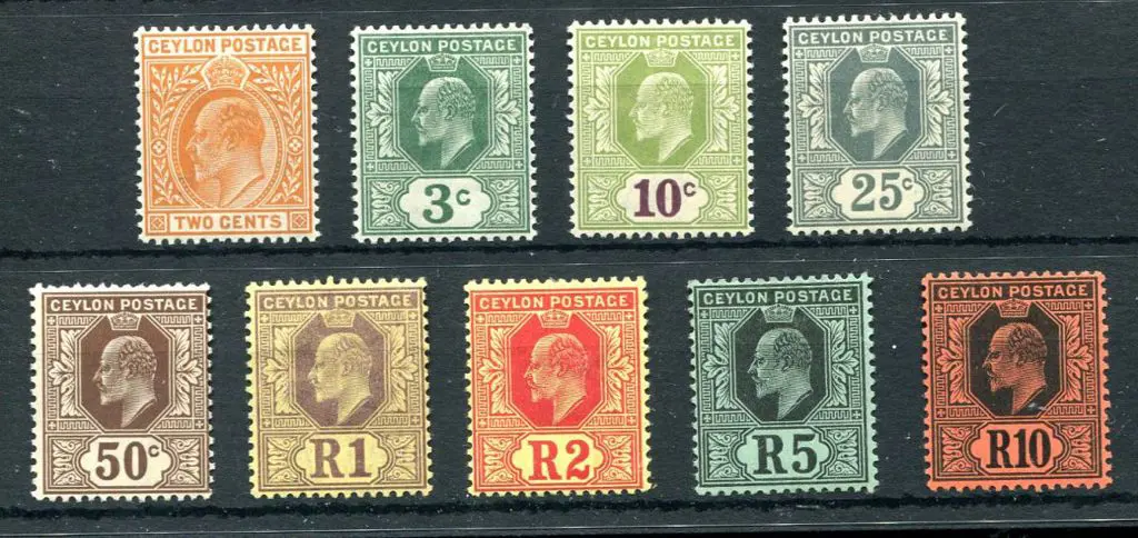 Ceylon 1910 KEVII MCA wmk set to 10r black on red. ... Image 1++
