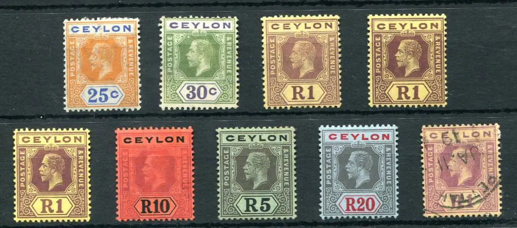 Ceylon 1912/25 25¢, 30¢, R1 (3), R5, R10 & R20 KGV ... Image 1++