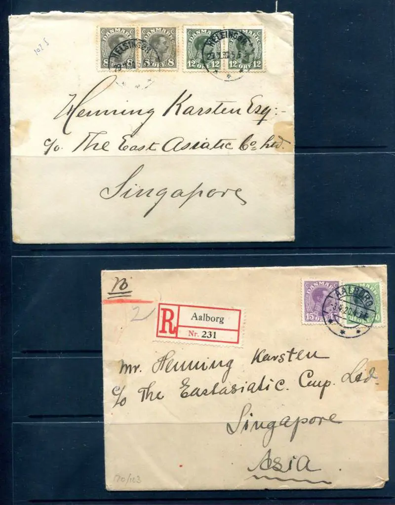 Denmark 1920 (Apr & Nov) 2 covers to Singapore, ... Image 1++