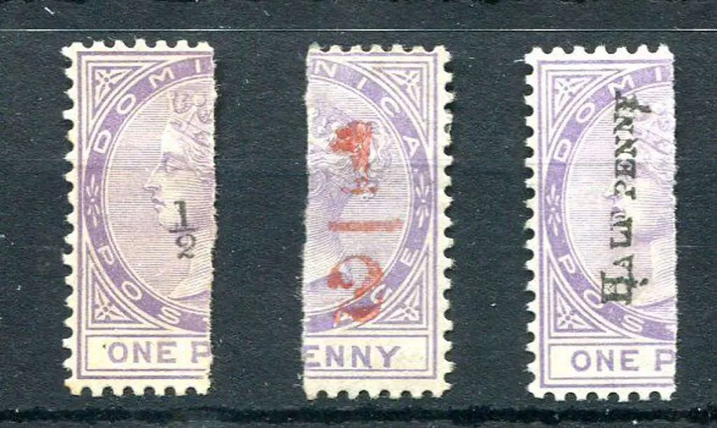 Dominica 1882/83 ½d QV bisects with the 3 types of ... Image 1++