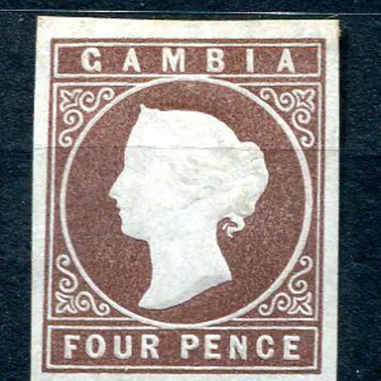 Gambia 1874 4d brown, CC wmk imperf with 4 large ...