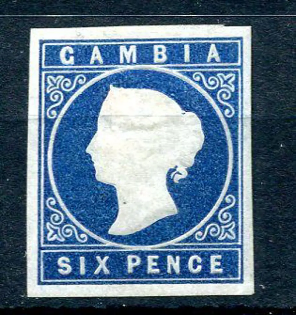 Gambia 1874 6d deep blue, CC wmk imperf with 4 ... Image 1++