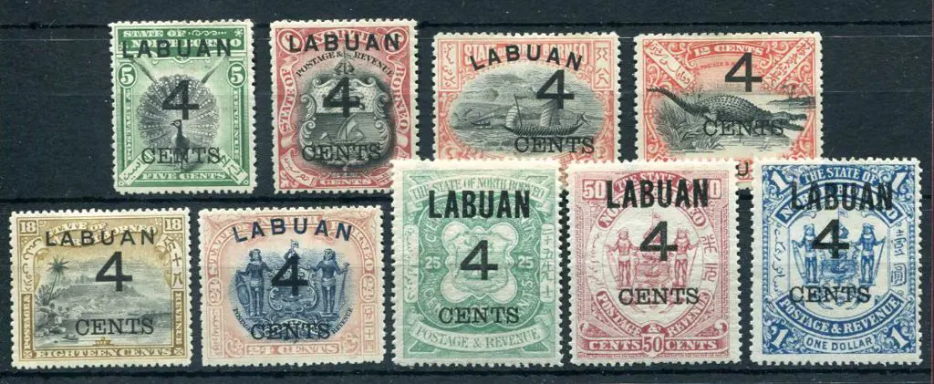 Labuan 1899 "4 CENTS" surcharges set of 9 to $1. ... Image 1++