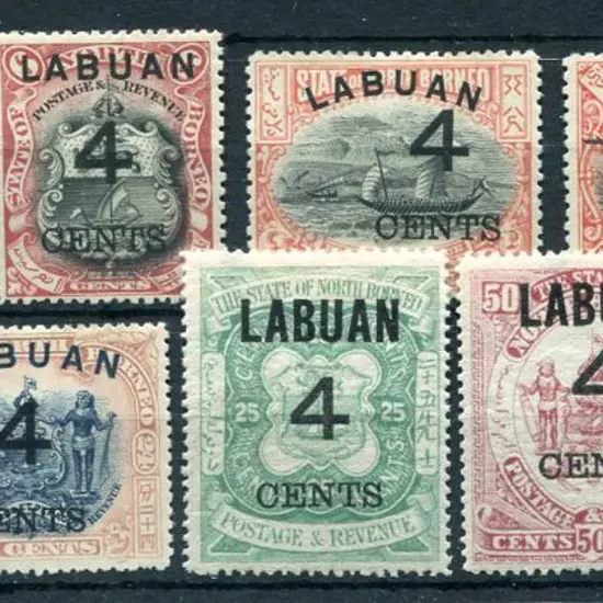 Labuan 1899 "4 CENTS" surcharges set of 9 to $1. ...