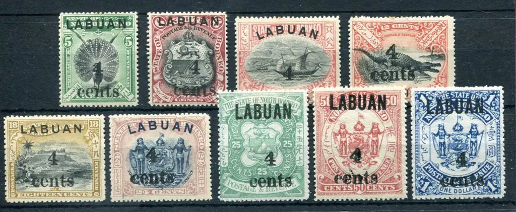 Labuan 1904 "4 cents" surcharges set of 9 to $1. ... Image 1++