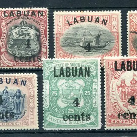 Labuan 1904 "4 cents" surcharges set of 9 to $1. ...