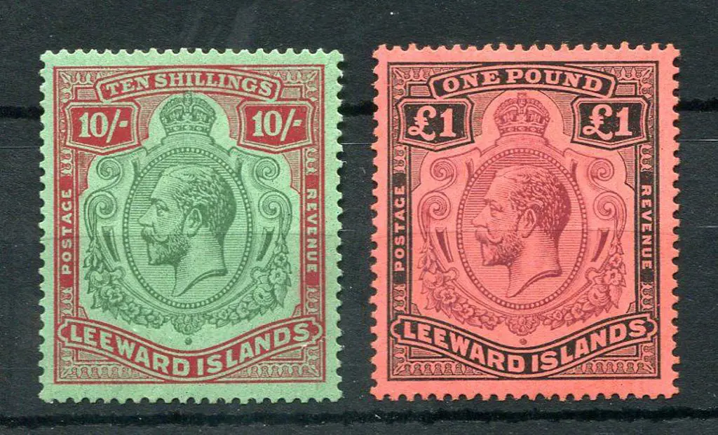 Leeward Islands 1921/32 10/- & £1 KGV, script wmk. ... Image 1++